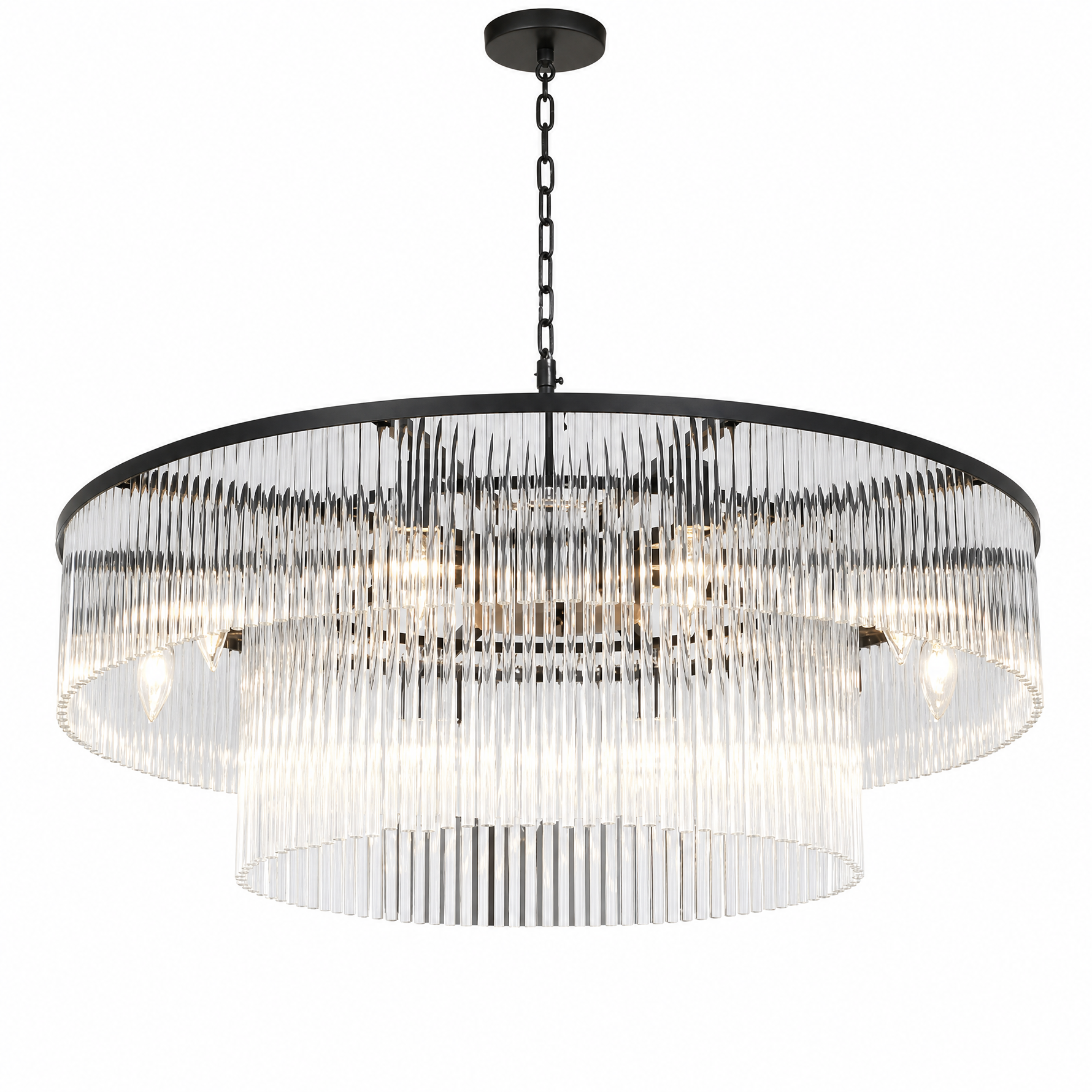D800 Double-Layer Striped Column Round Pendant - Black