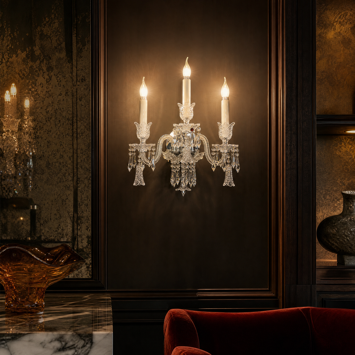 3-Light Candle Style Crystal Wall Sconce