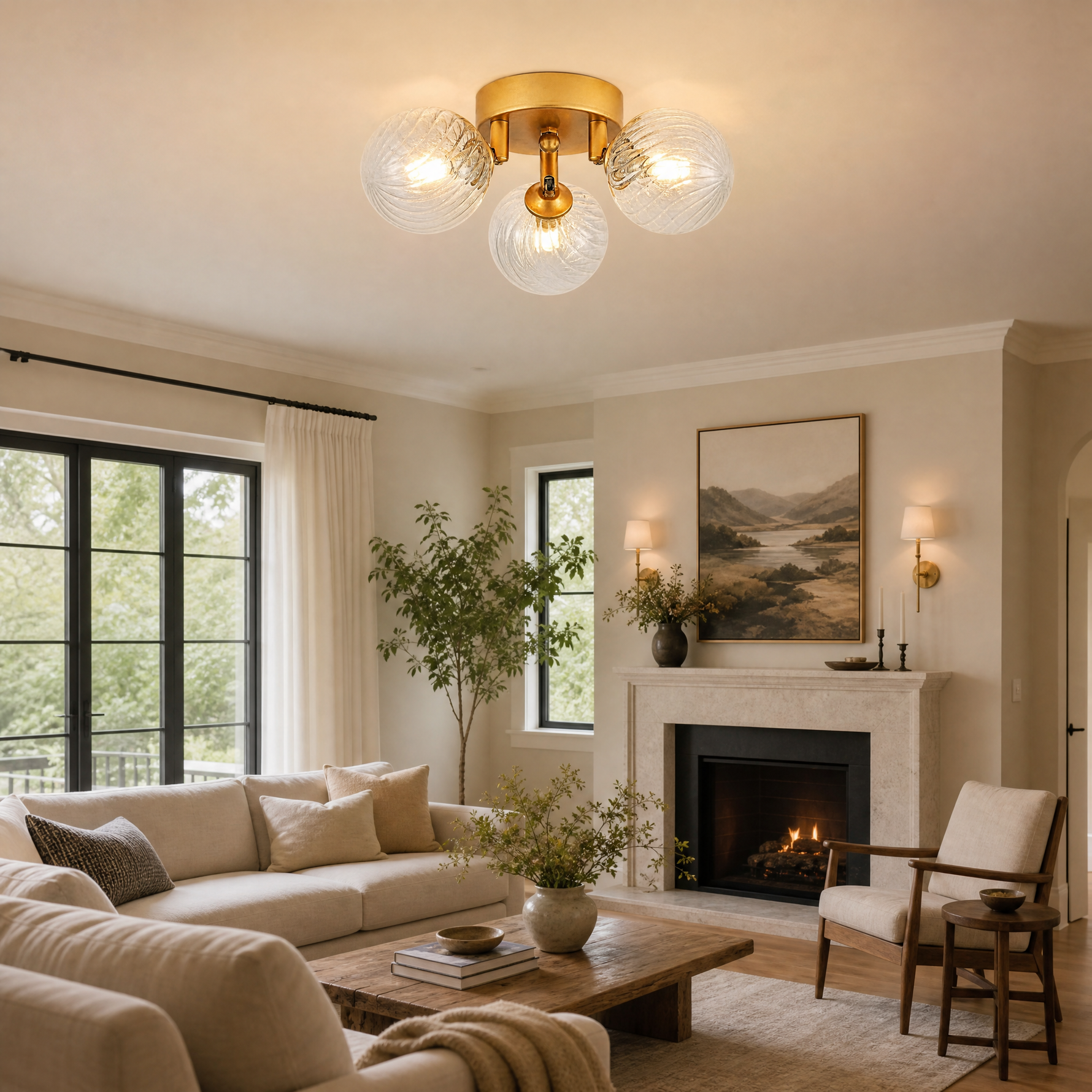 3-Light Glass Bubble Flush Mount Round Pendant - Copper