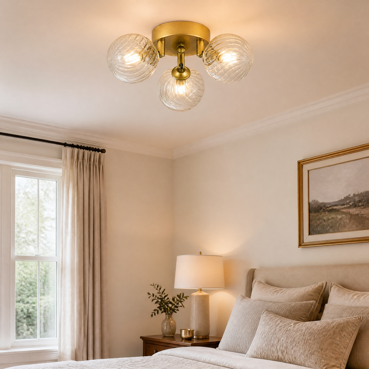 3-Light Glass Bubble Flush Mount Round Pendant - Copper