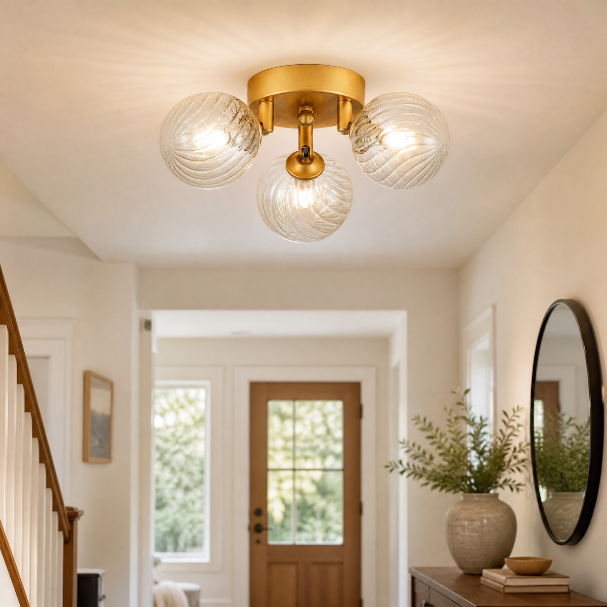 3-Light Glass Bubble Flush Mount Round Pendant - Copper