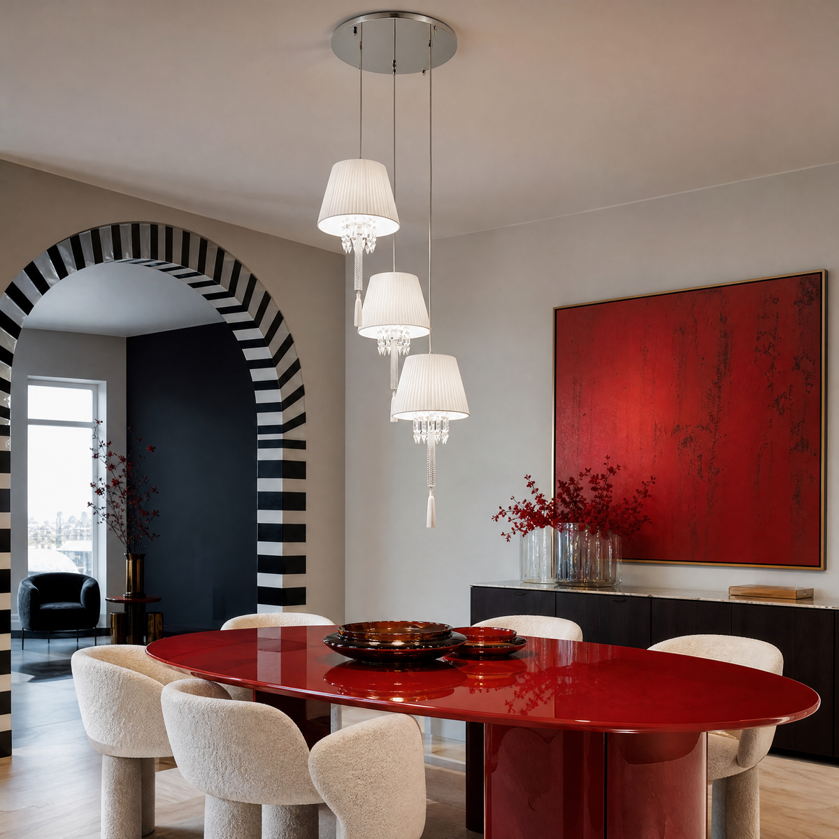 3-Light Pleated Fabric Crystal Tassel Pendant Light