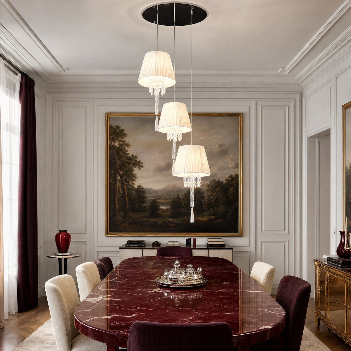 3-Light Pleated Fabric Crystal Tassel Pendant Light