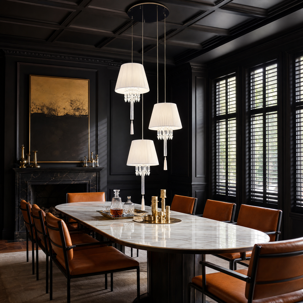 3-Light Pleated Fabric Crystal Tassel Pendant Light