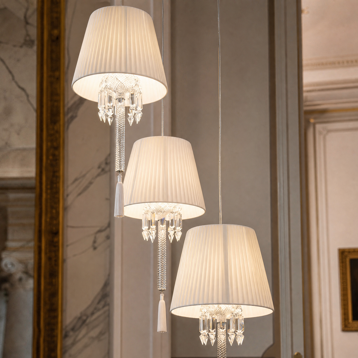 3-Light Pleated Fabric Crystal Tassel Pendant Light
