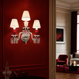3-Light Pleated Shade Red Glass Crystal Wall Sconce