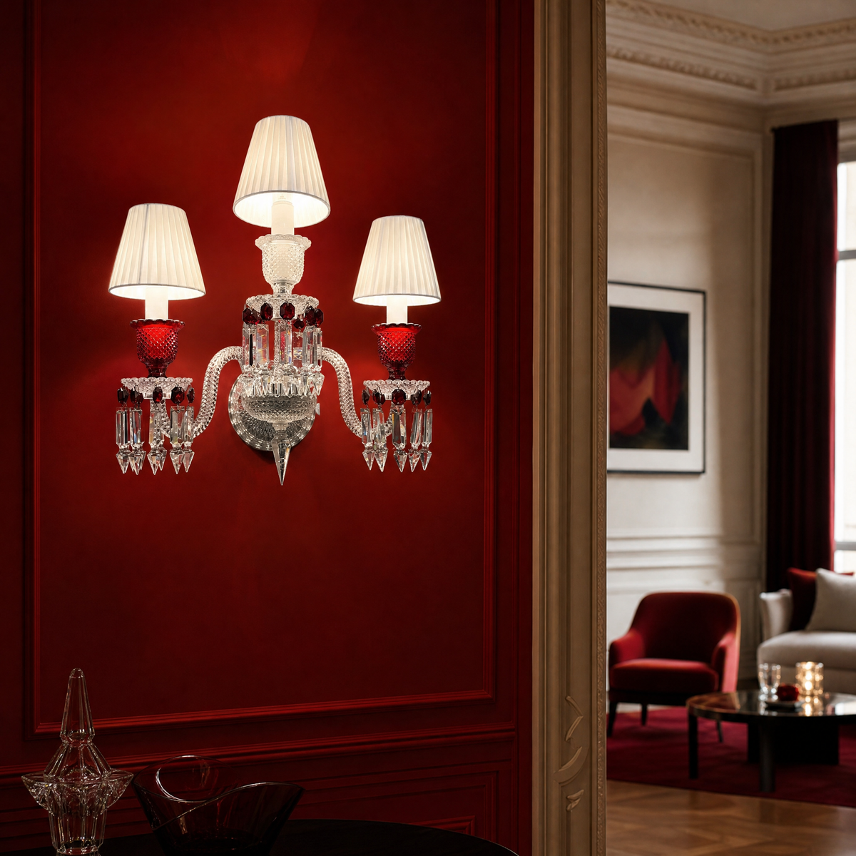 3-Light Pleated Shade Red Glass Crystal Wall Sconce