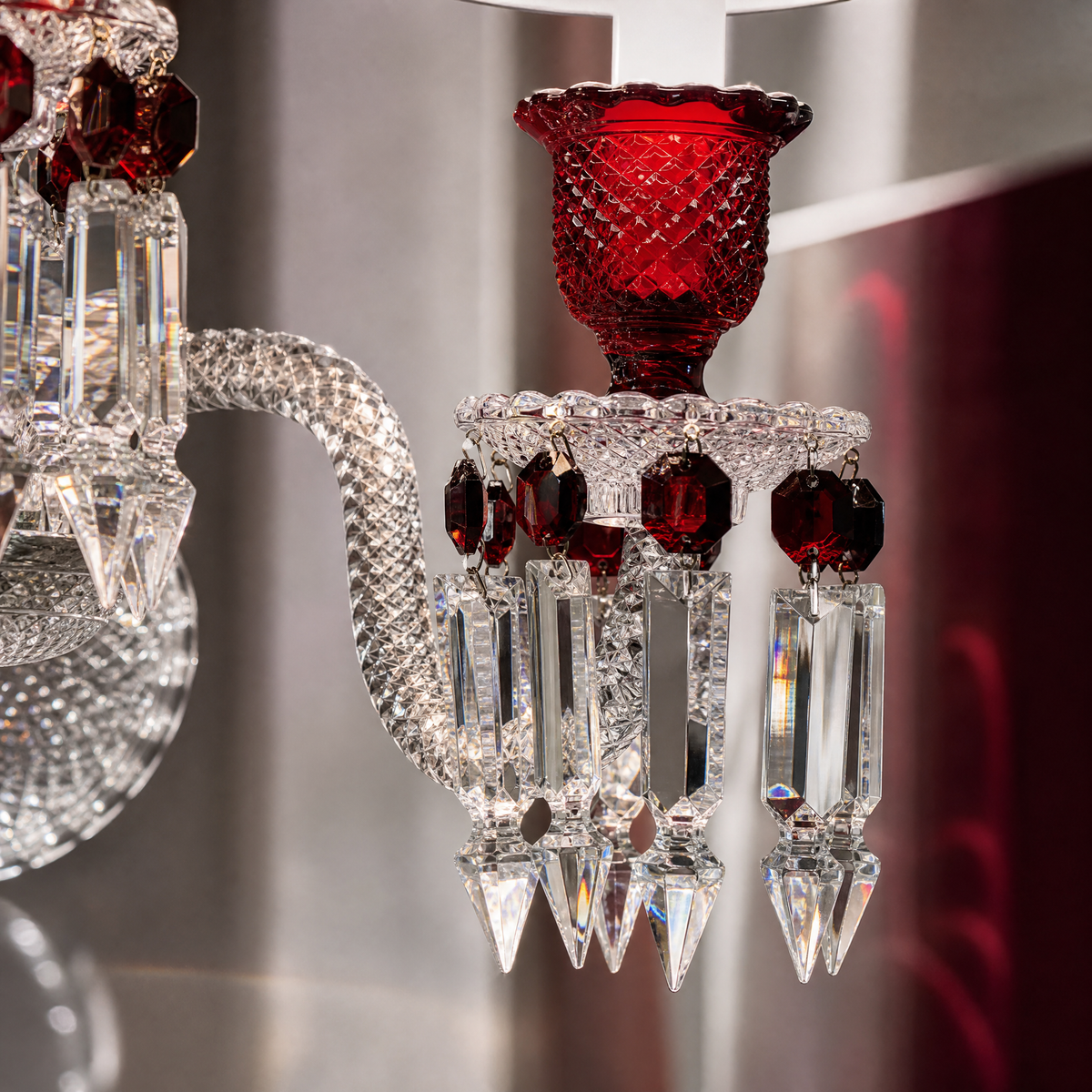 3-Light Pleated Shade Red Glass Crystal Wall Sconce