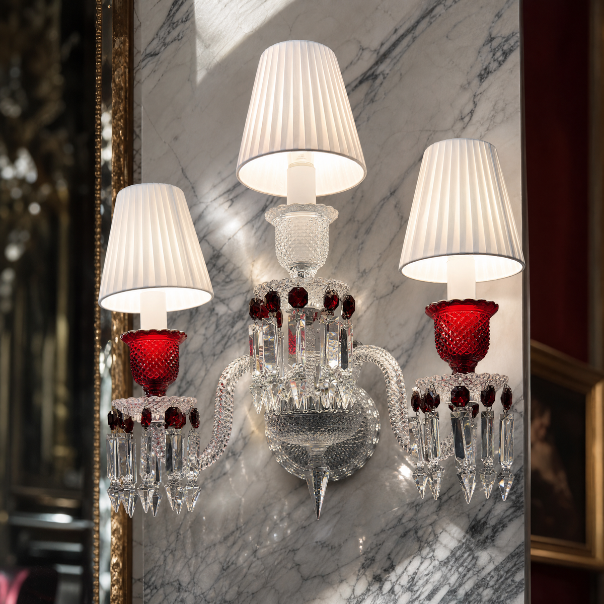 3-Light Pleated Shade Red Glass Crystal Wall Sconce