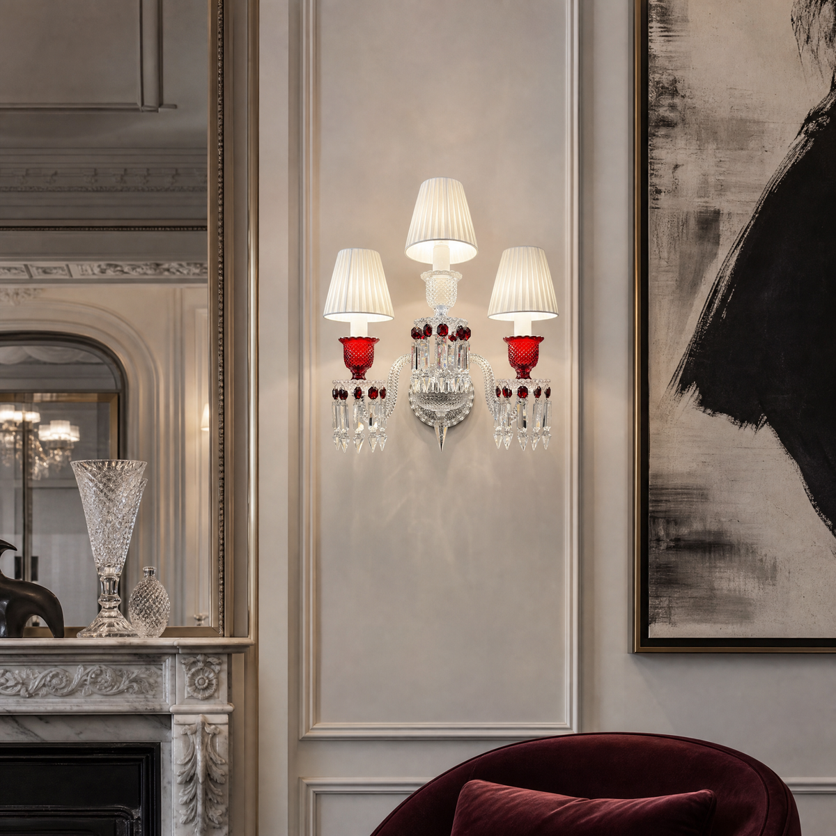3-Light Pleated Shade Red Glass Crystal Wall Sconce