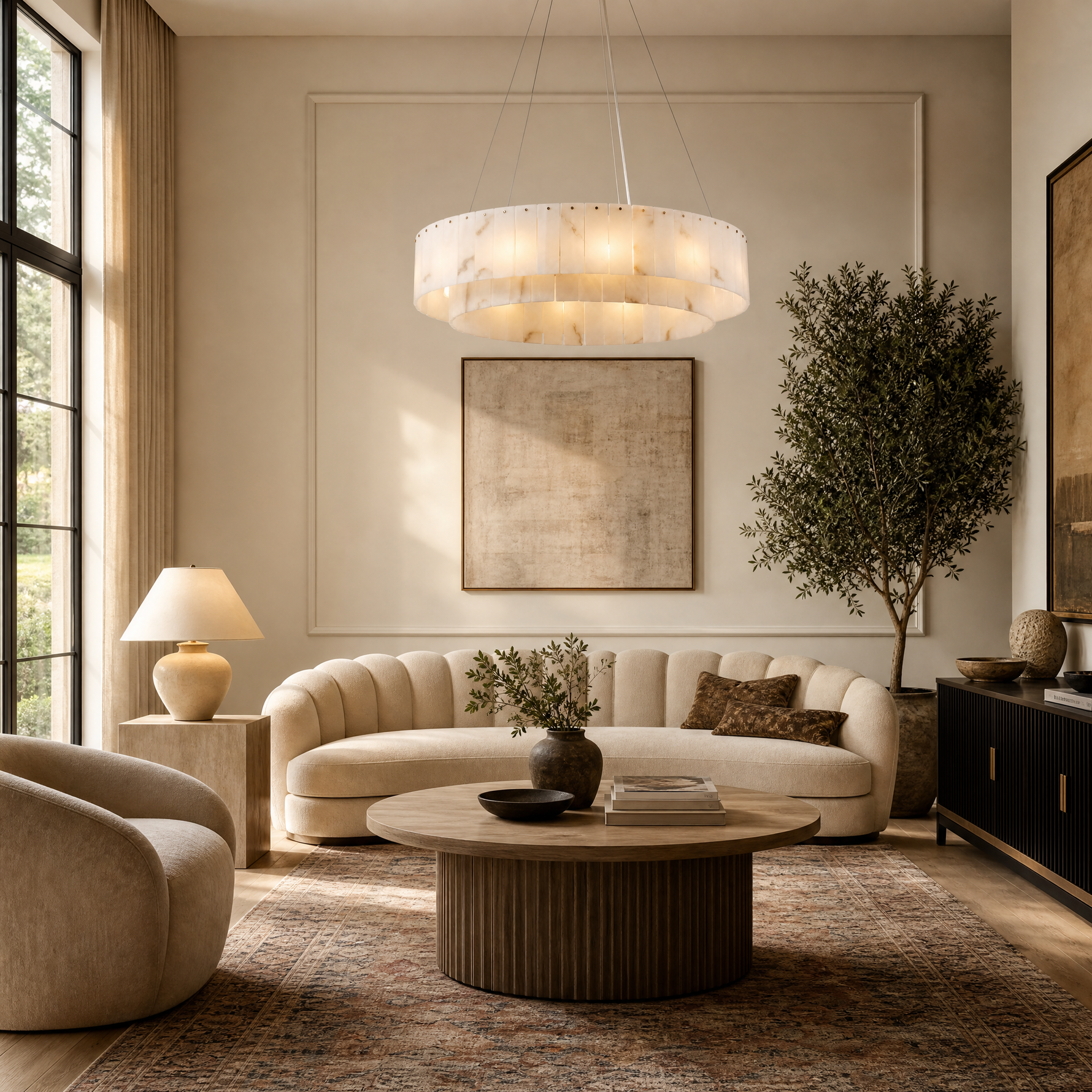 31'' Modern Spanish Alabaster 2-Tier Round Chandelier