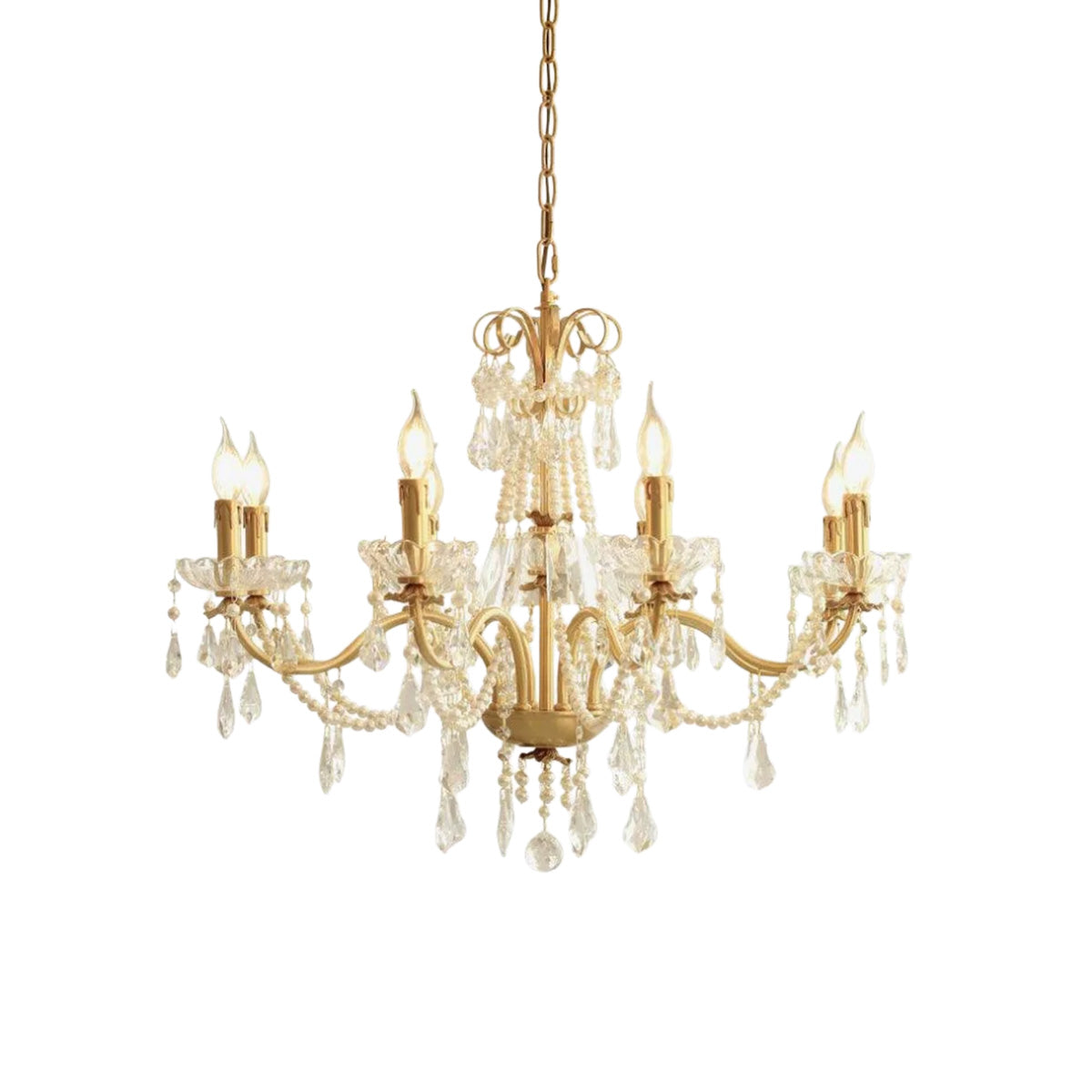 Brass & Clear Crystal Pearl Chandelier with Elegant Pearl Accents