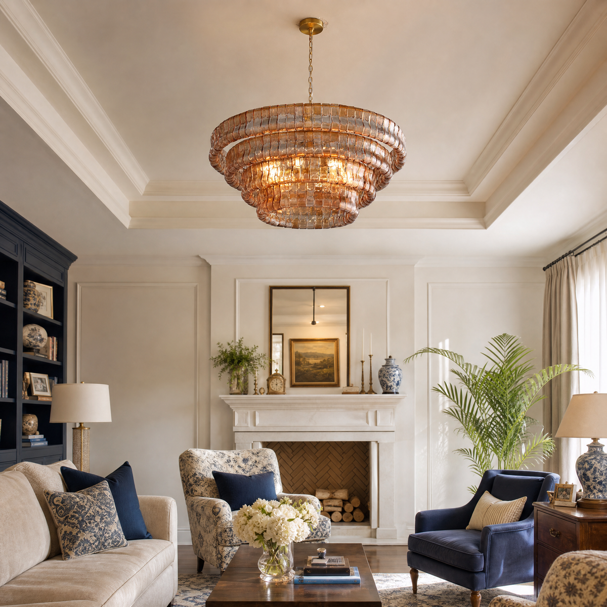 36" Hook Plate Glass Tiered Drum Chandelier