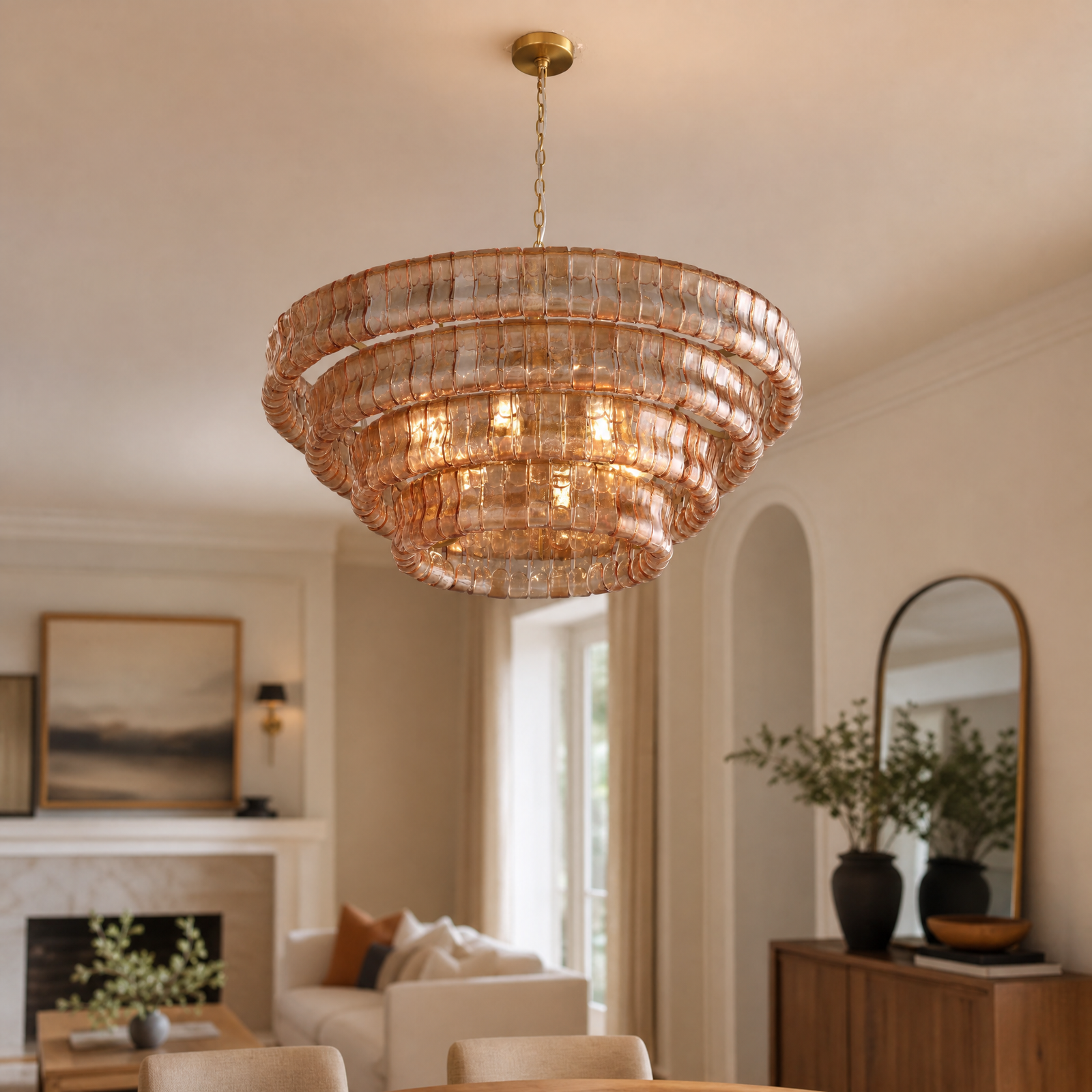 36" Hook Plate Glass Tiered Drum Chandelier