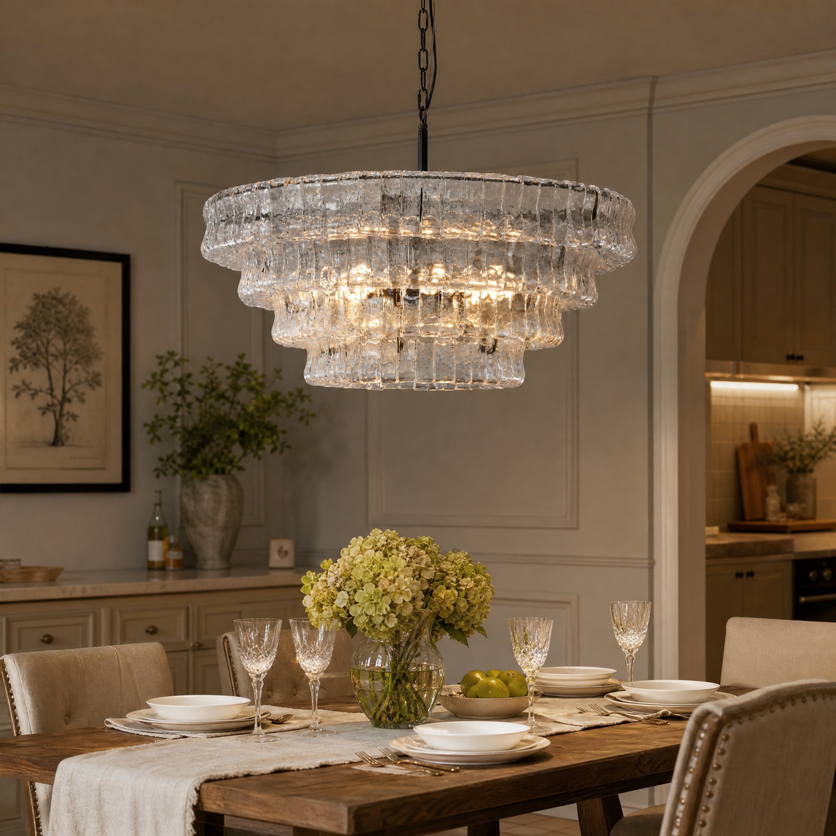 36" Hook Plate Glass Tiered Drum Chandelier