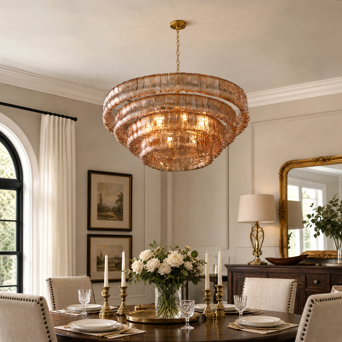 36" Hook Plate Glass Tiered Drum Chandelier