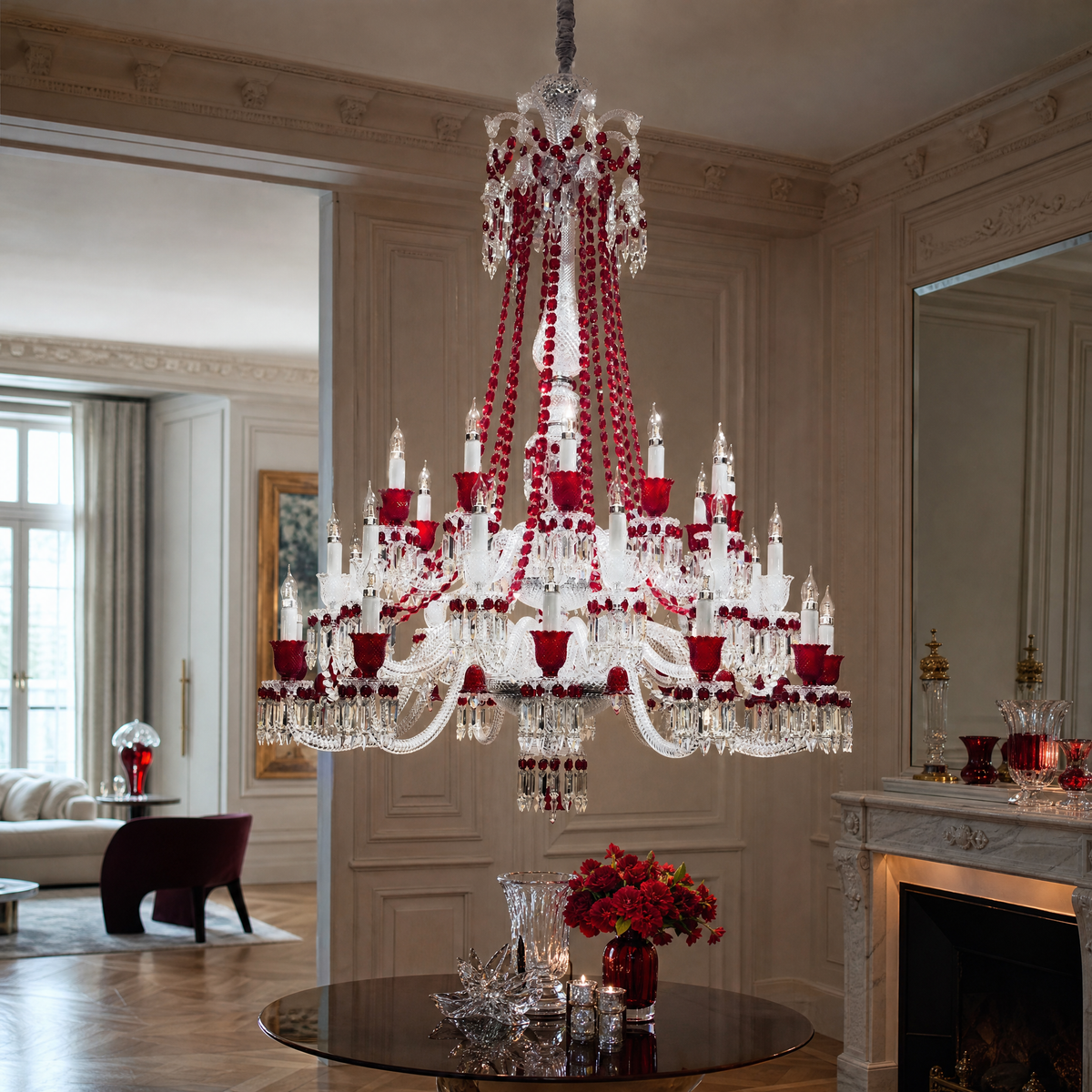 36-Light Two-Tier Red Candle Crystal Chandelier
