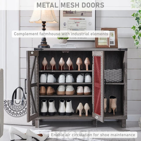 38" Wide Farmhouse Shoe Cabinet with Mesh Doors and Shelves