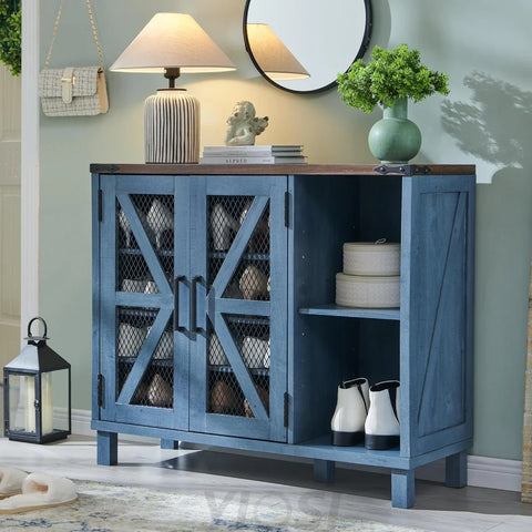 38’’ Wide Farmhouse Shoe Cabinet with Mesh Doors and Shelves 32’’ H / Blue
