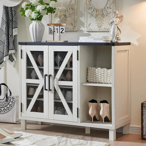 38’’ Wide Farmhouse Shoe Cabinet with Mesh Doors and Shelves 32’’ H / Off White