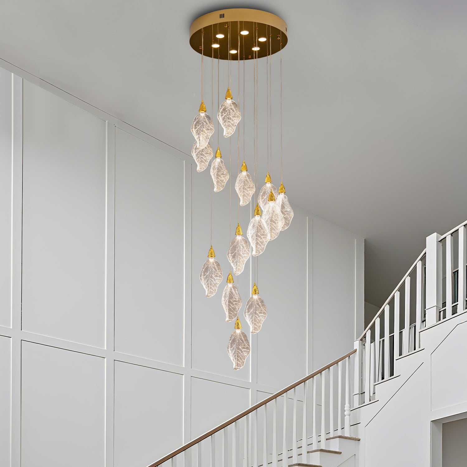 14-Light Platinum Leaf Staircase Chandelier - Gold