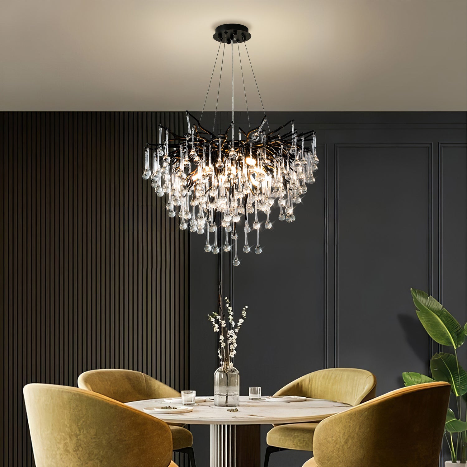 Small Water Drop Branch Round Pendant 60cm - Black