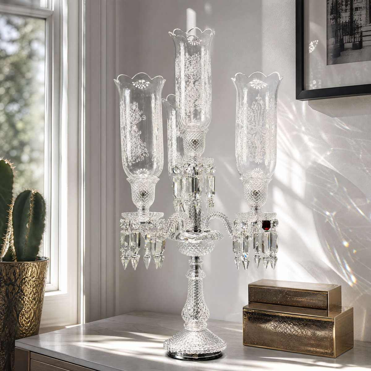 4-Light Etched Glass Crystal Table Lamp