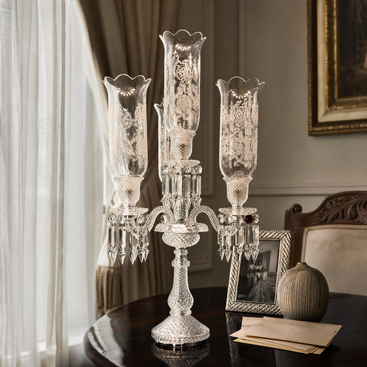 4-Light Etched Glass Crystal Table Lamp