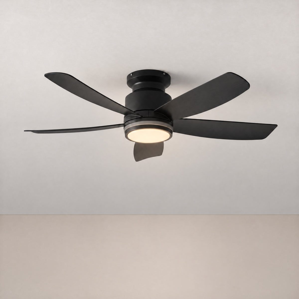 41" Matte Black Reversible Blade Flush Mount Ceiling Fan – lights on