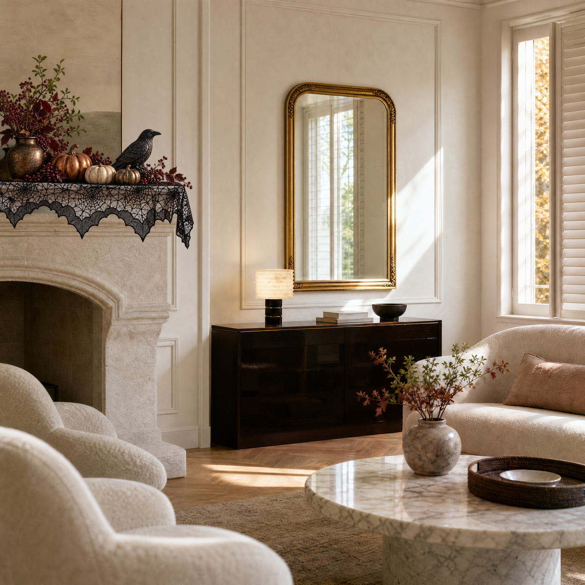 A lit Milanese living room at dusk