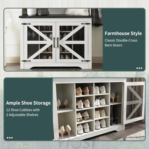 42" Farmhouse Hall Tree with Shoe Storage, 12 Cubbies Bench