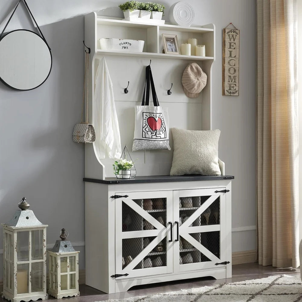 42" Farmhouse Hall Tree with Shoe Storage, 12 Cubbies Bench