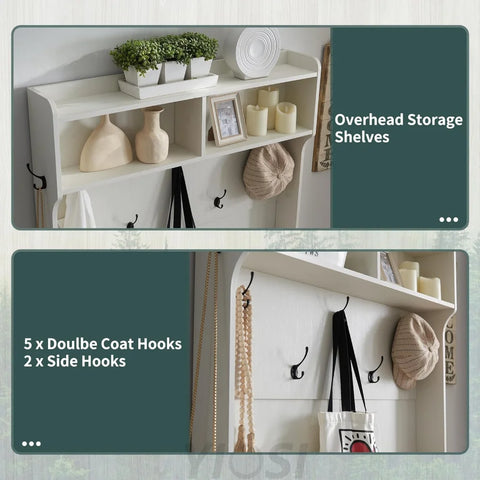 42" Farmhouse Hall Tree with Shoe Storage, 12 Cubbies Bench