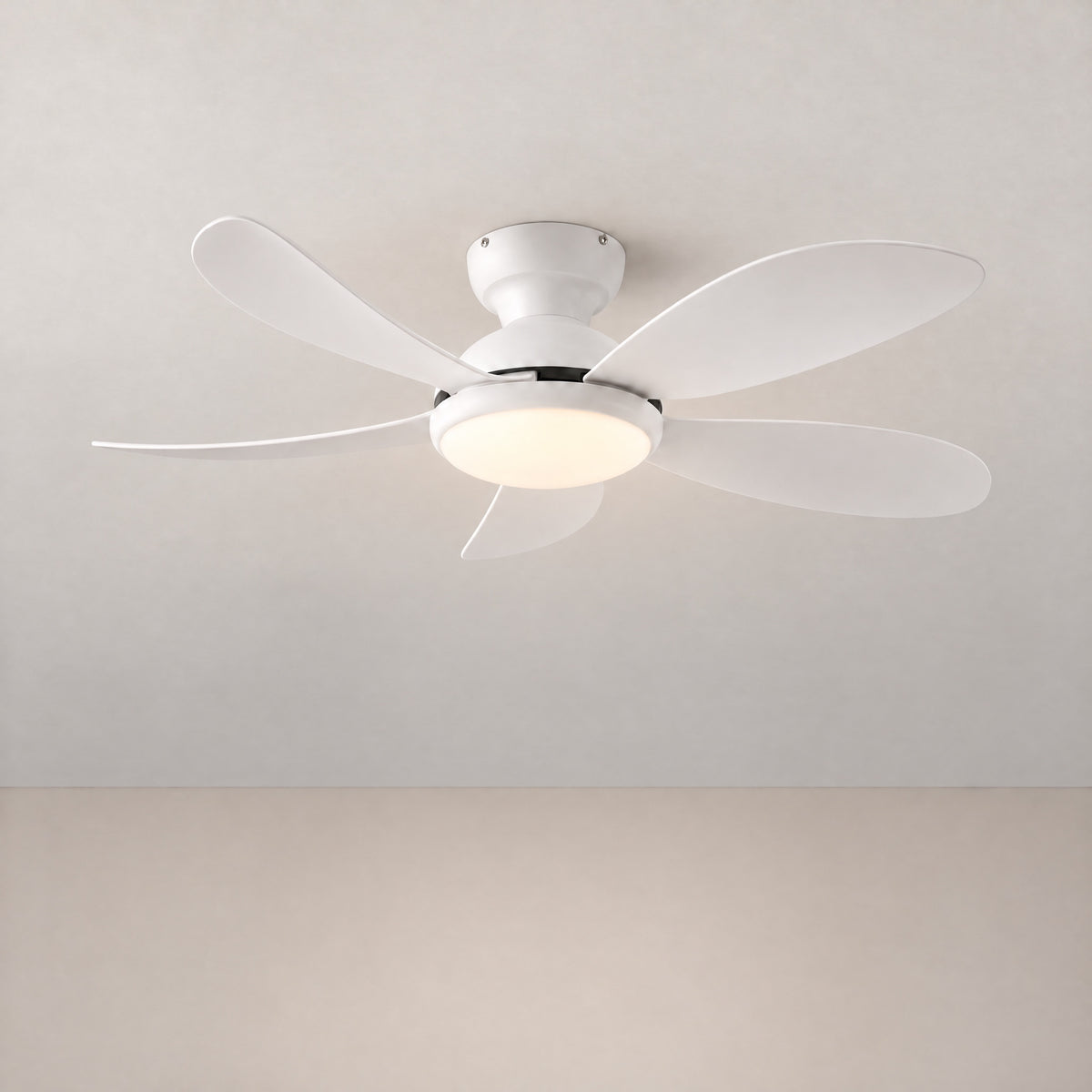 42" Knife Blade Flush Mount Ceiling Fan with Frosted Dome – lights on
