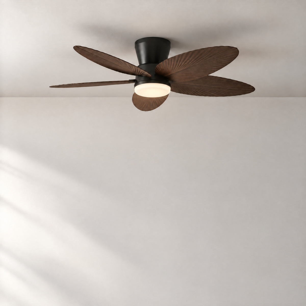 42" Palm Leaf Flush Mount Ceiling Fan with Disc Light – lights on