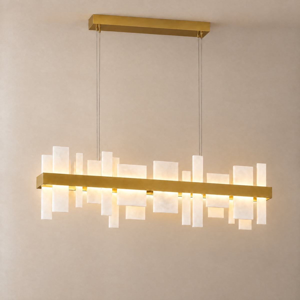 Modern 46.8'' Alabaster Rectangular Chandelier for Living Room and Kitchen – lights on