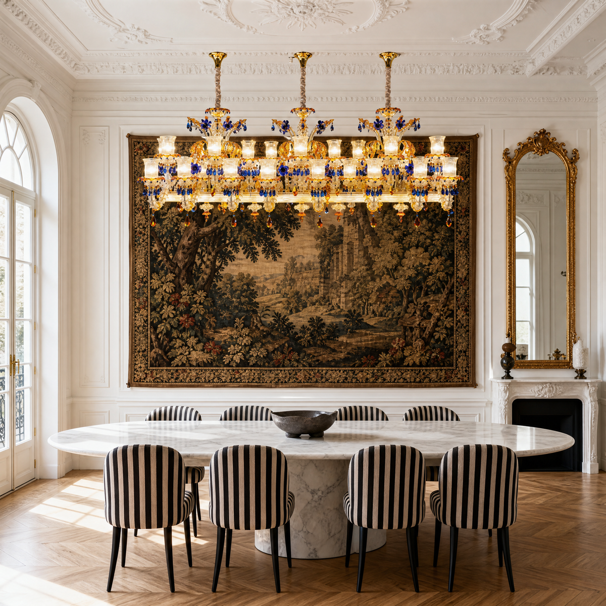 46-Light Blue Amber Floral Glass Linear Chandelier
