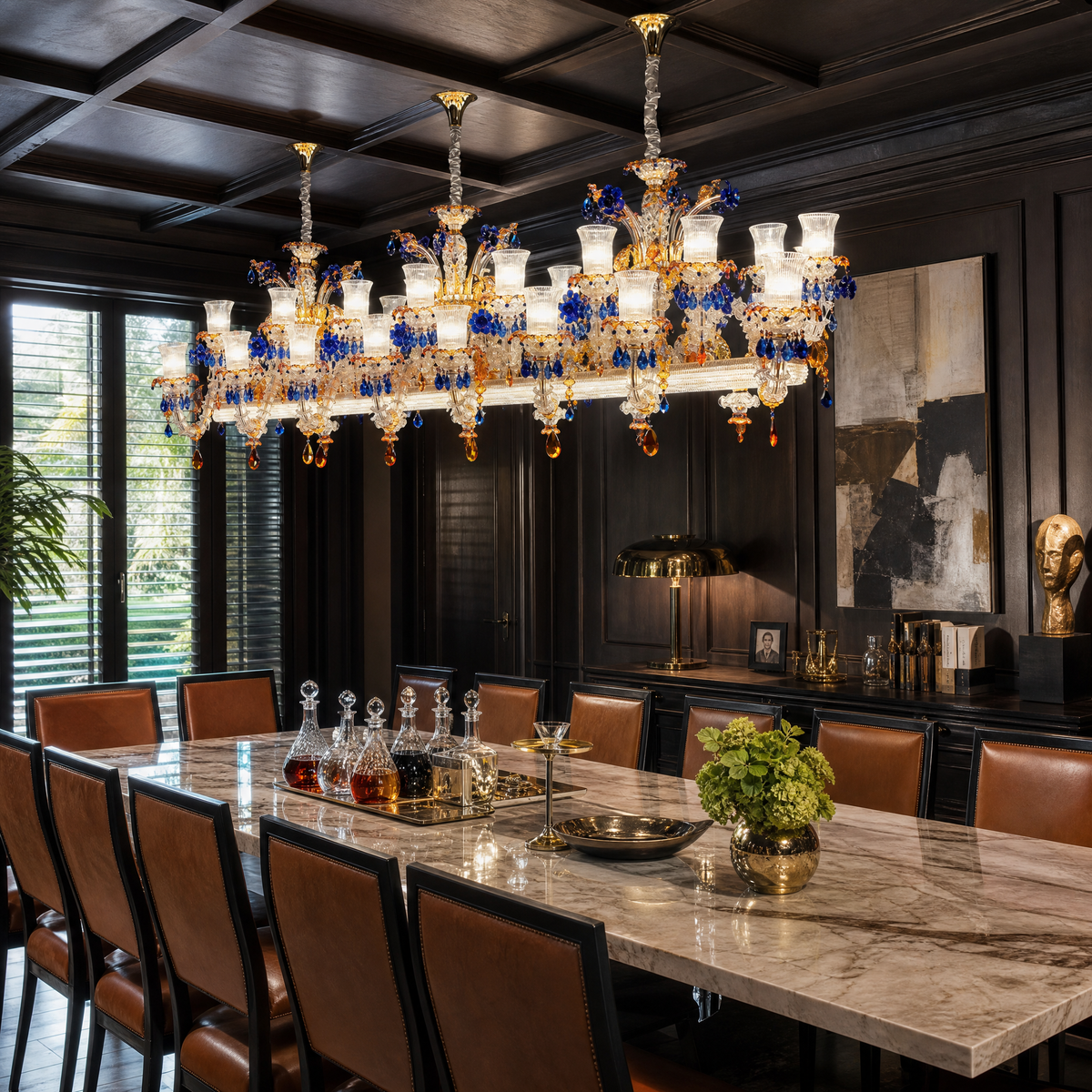 46-Light Blue Amber Floral Glass Linear Chandelier
