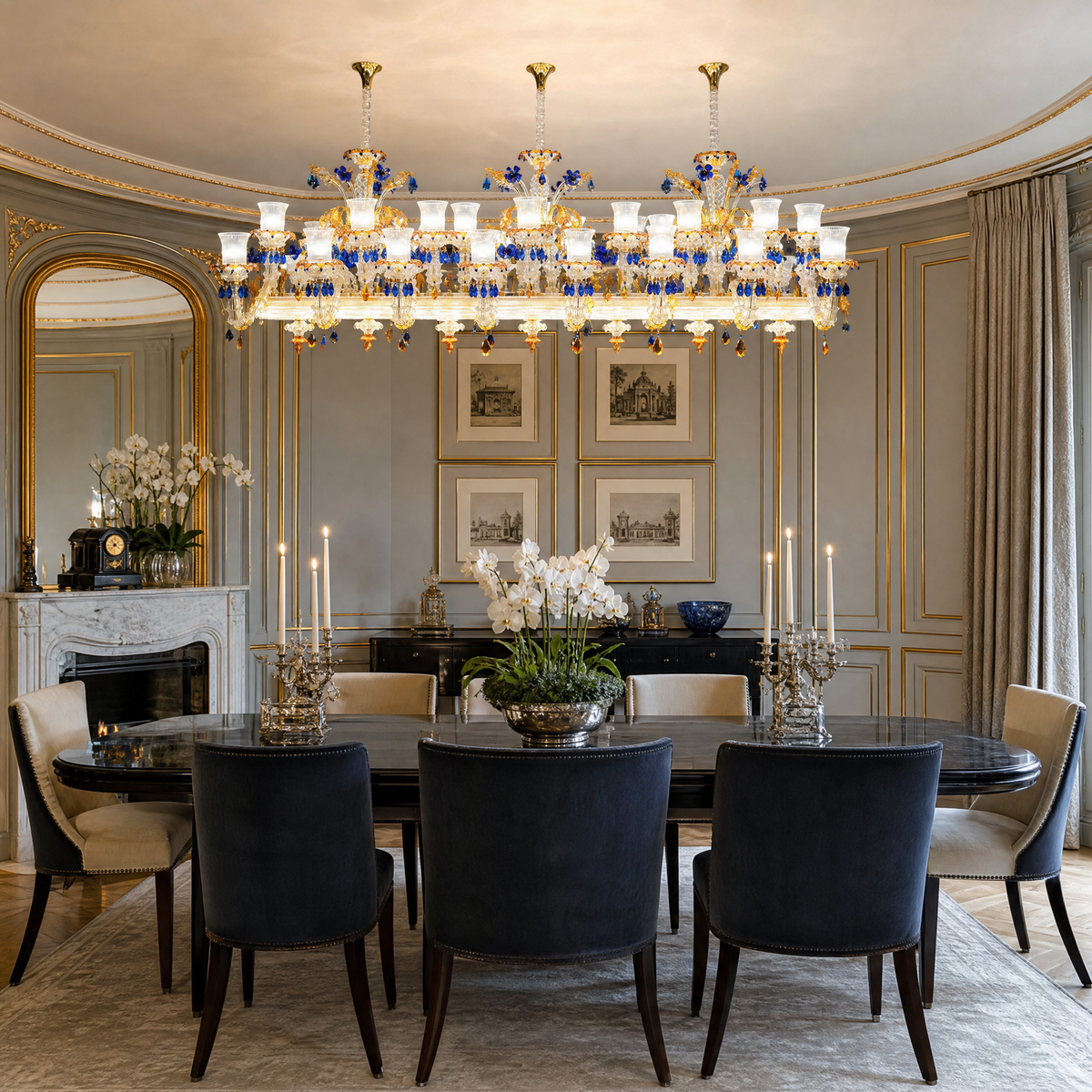 46-Light Blue Amber Floral Glass Linear Chandelier