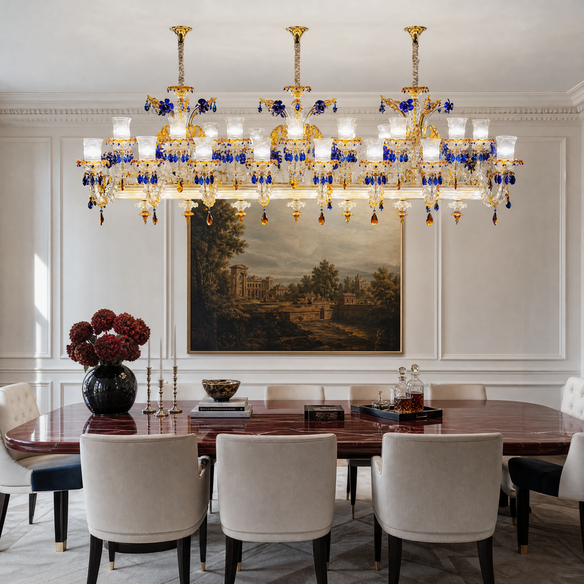 46-Light Blue Amber Floral Glass Linear Chandelier