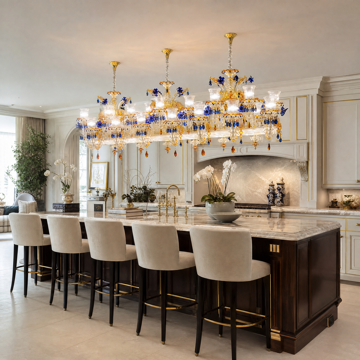 46-Light Blue Amber Floral Glass Linear Chandelier