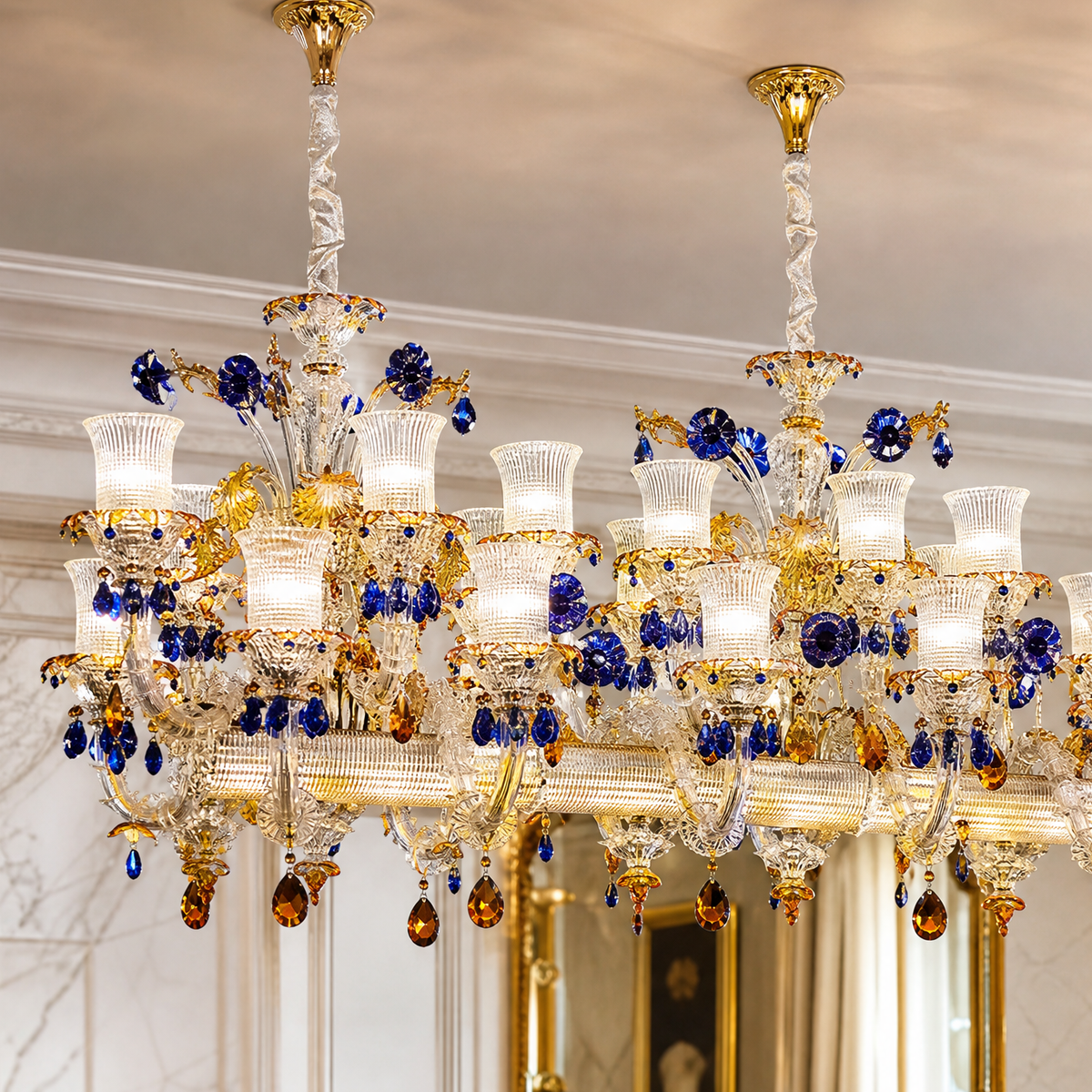 46-Light Blue Amber Floral Glass Linear Chandelier