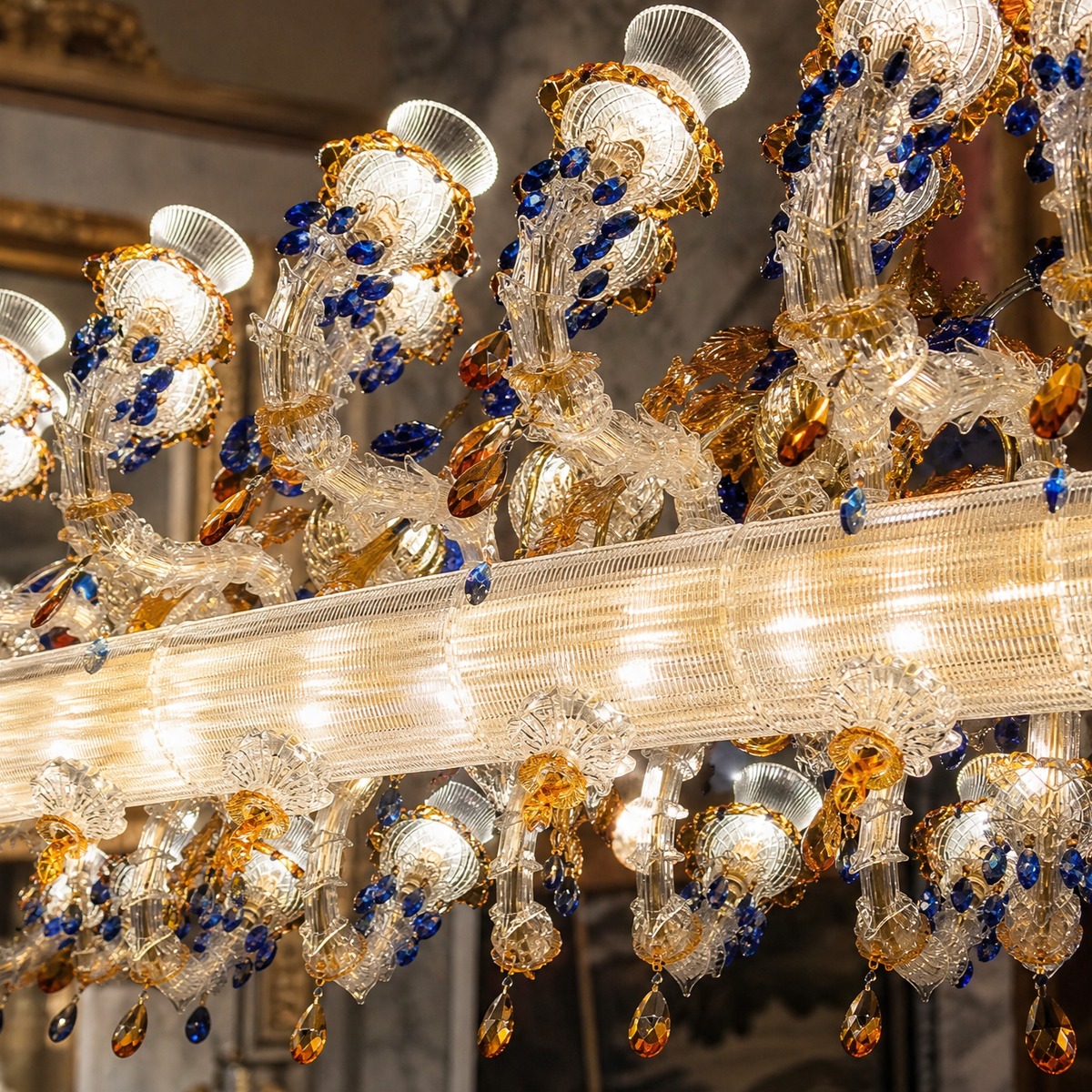 46-Light Blue Amber Floral Glass Linear Chandelier