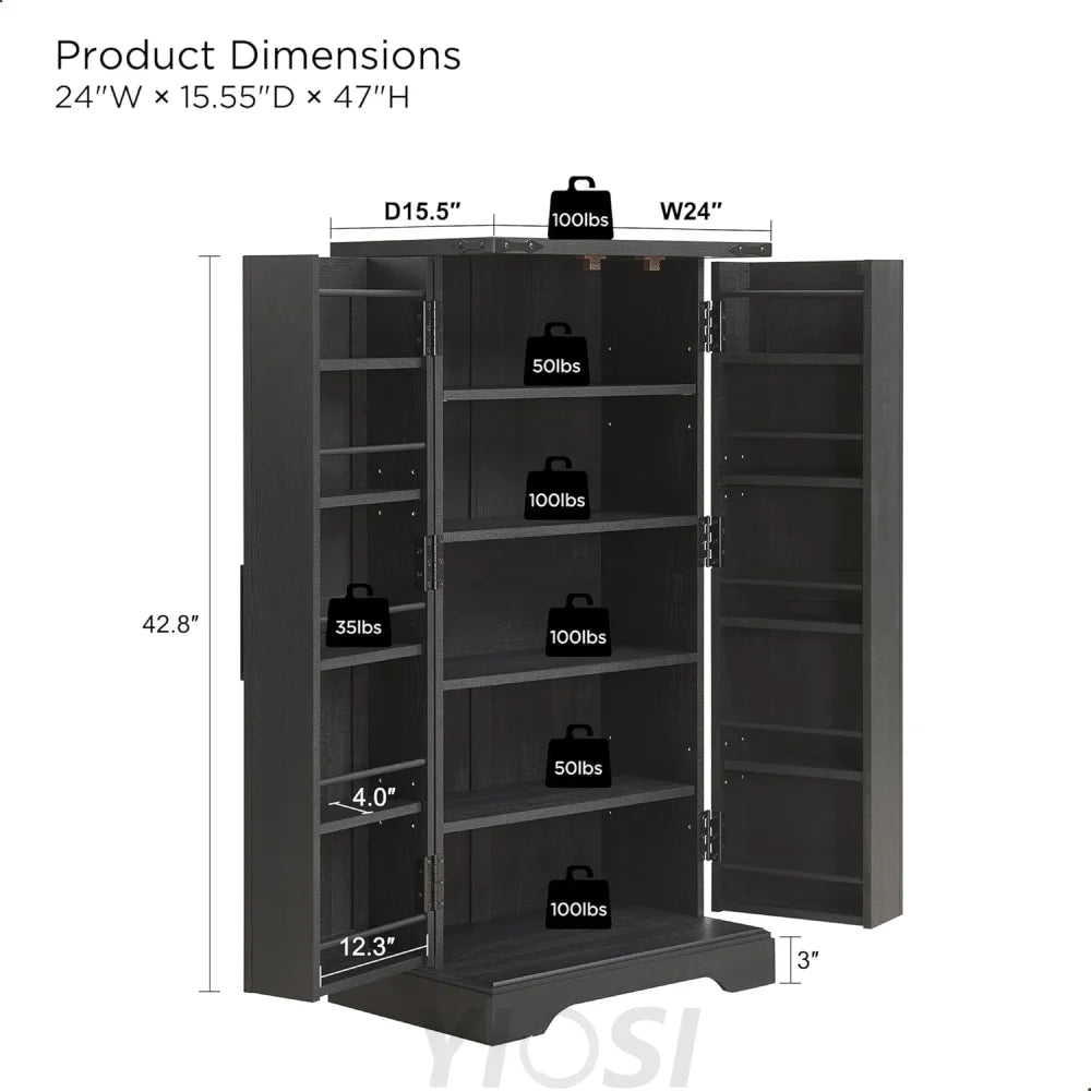 JXQTLINGMU 47" Wooden Storage Cabinet Farmhouse Pantry Organizer Black