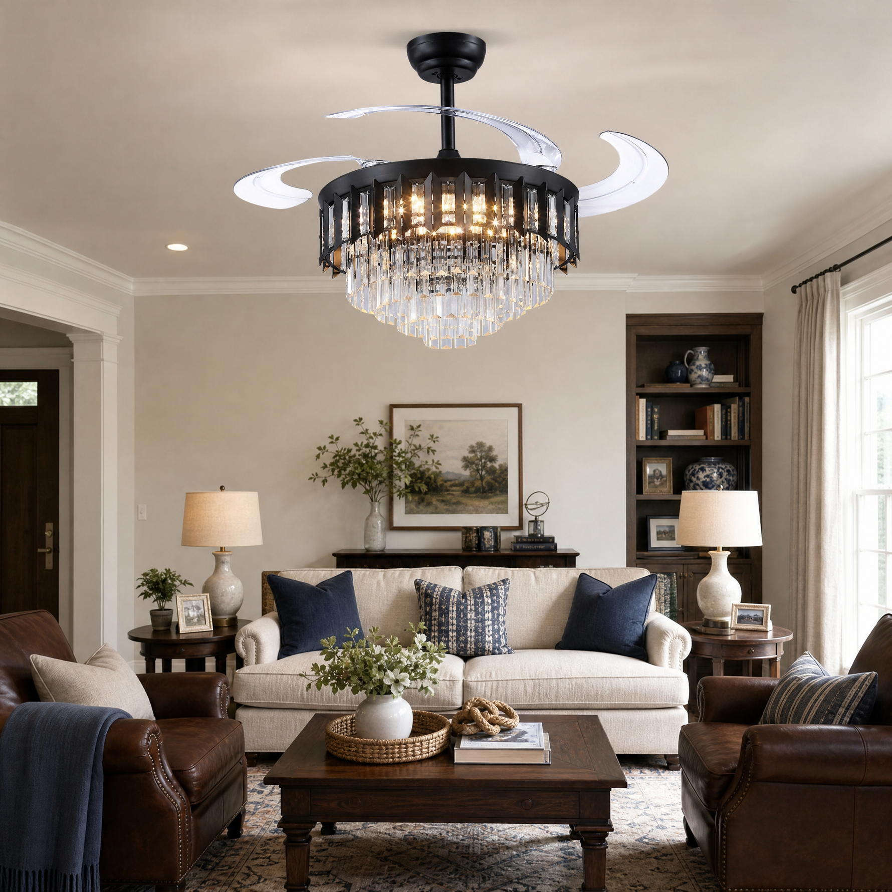 48" Crystal Chandelier Ceiling Fan with Retractable Blades
