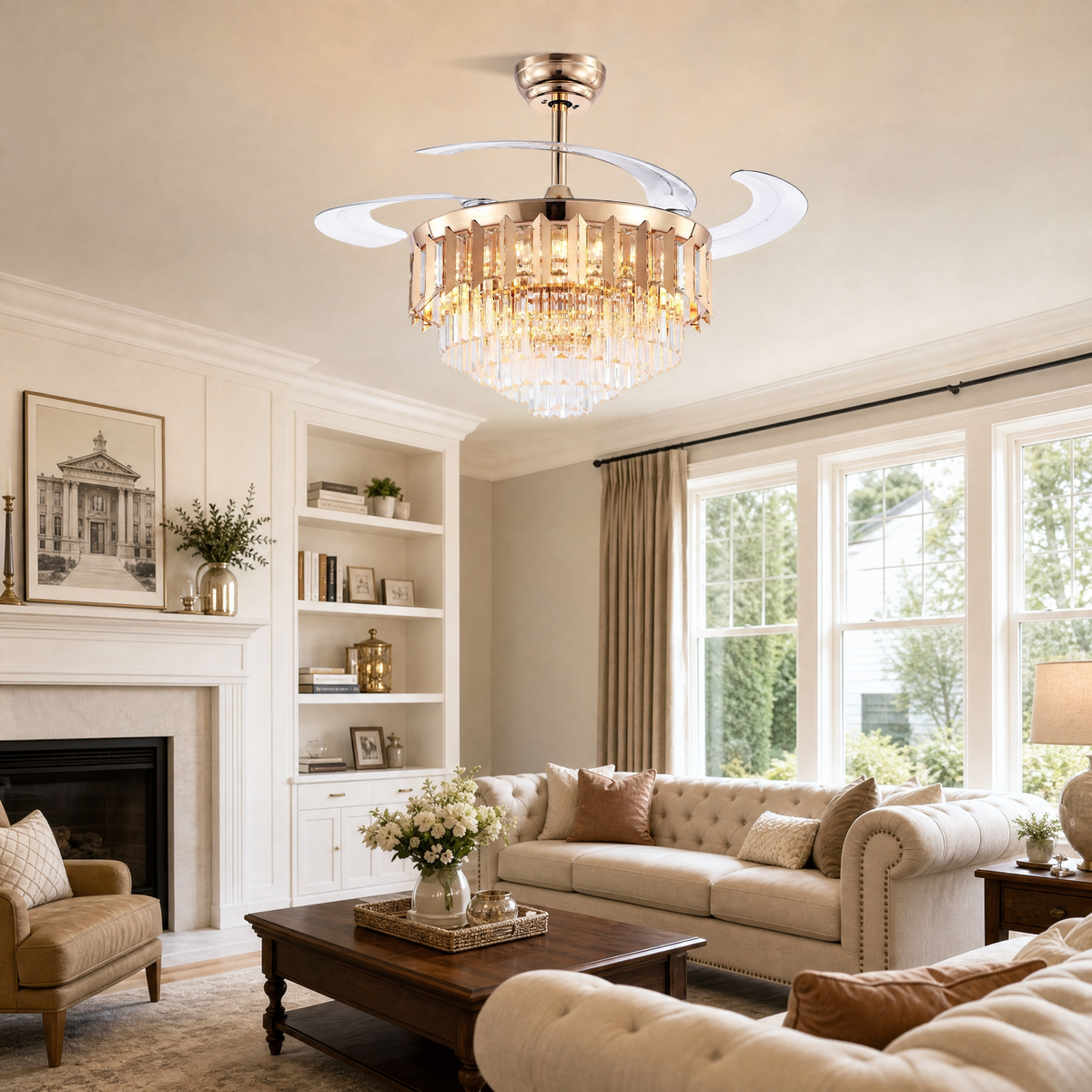 48" Crystal Chandelier Ceiling Fan with Retractable Blades