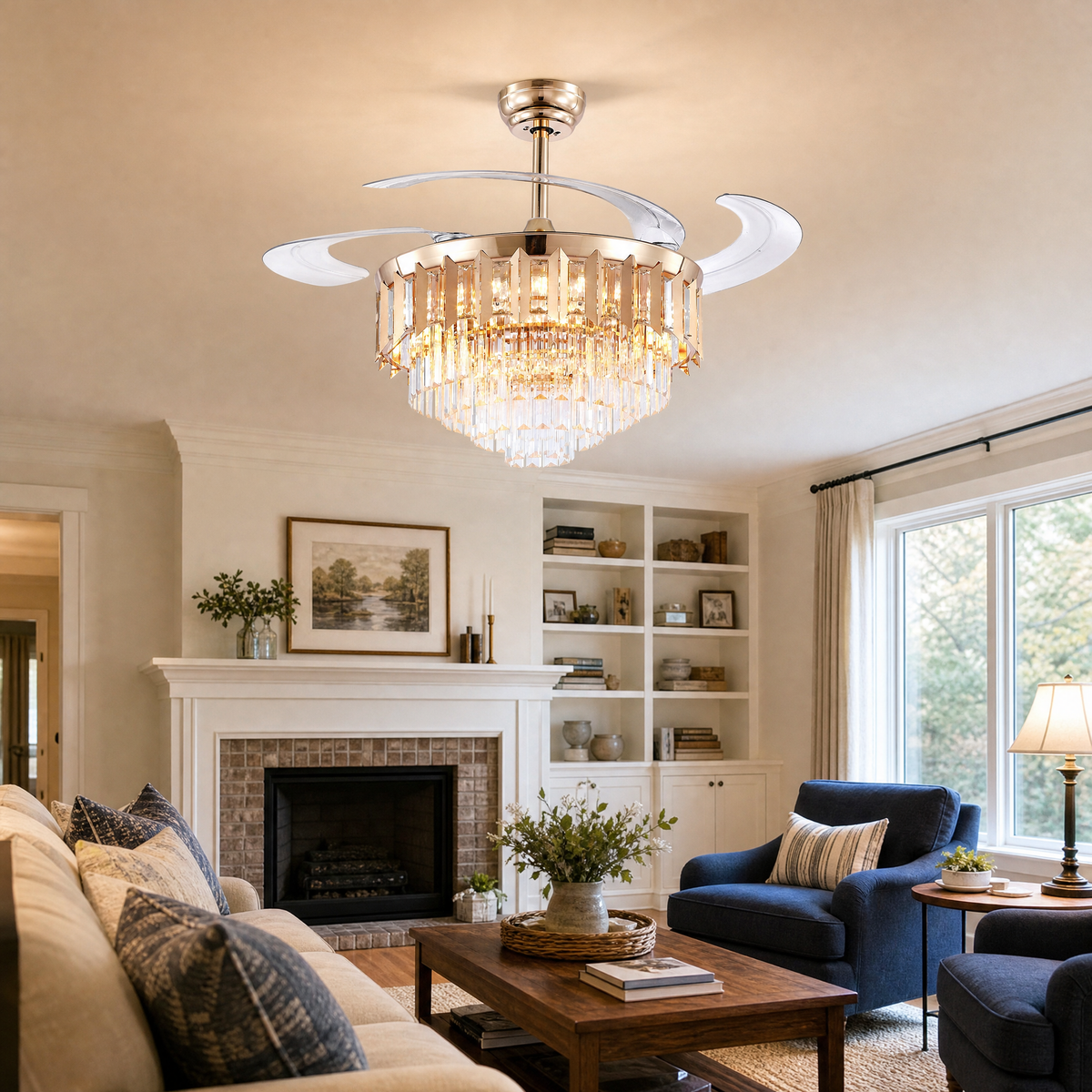 48" Crystal Chandelier Ceiling Fan with Retractable Blades