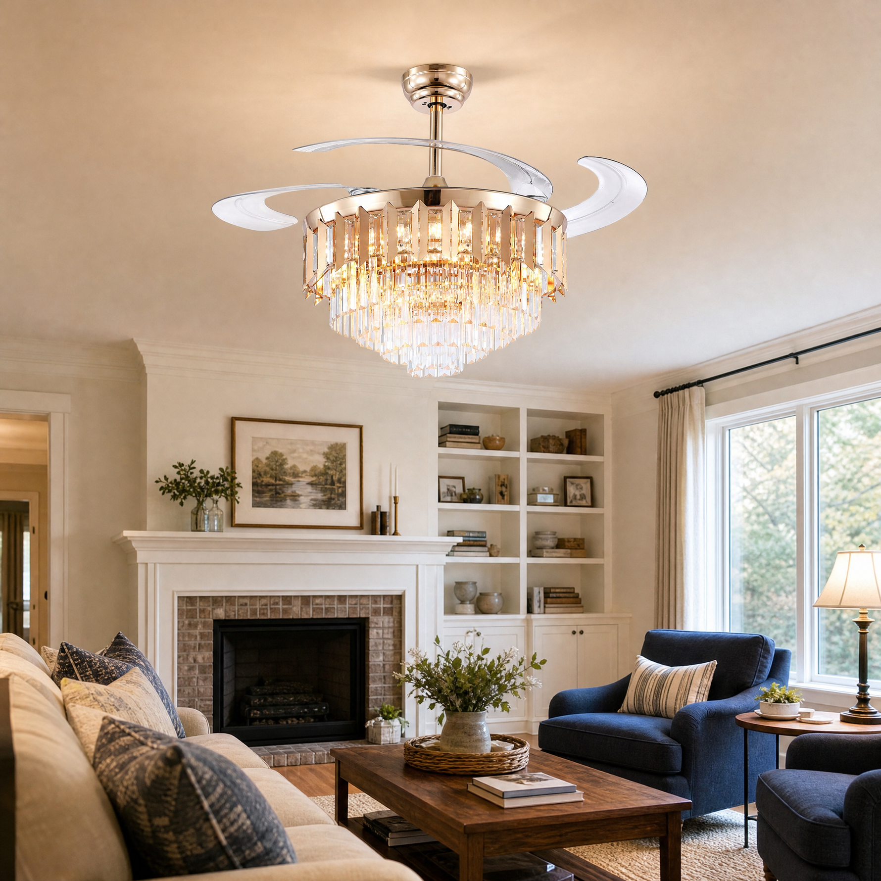 48" Crystal Chandelier Ceiling Fan with Retractable Blades