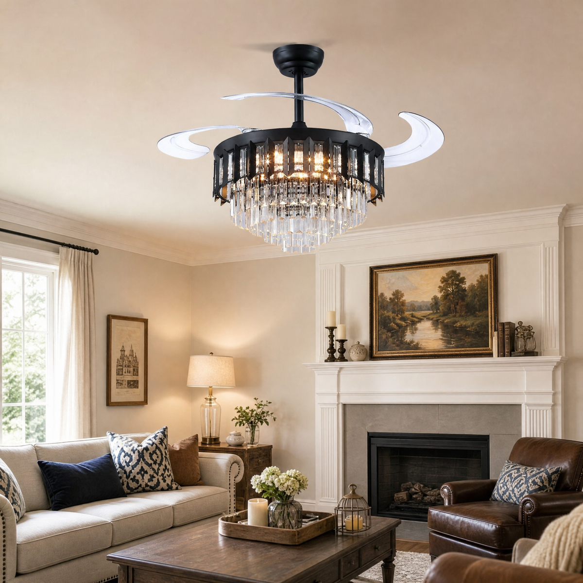 48" Crystal Chandelier Ceiling Fan with Retractable Blades