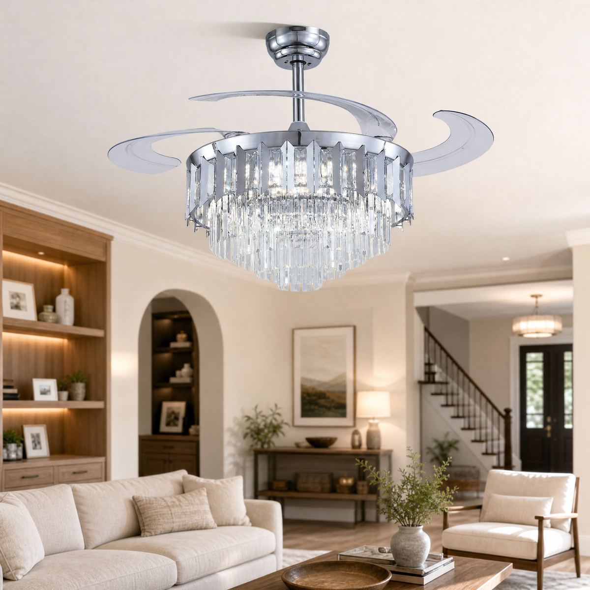 48" Crystal Chandelier Ceiling Fan with Retractable Blades